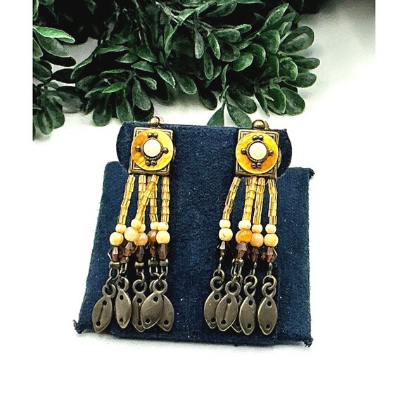 Vintage Bohemian Beaded Tassel Dangle Clip on  Earrings With brushed gold charms - Picture 1 of 5